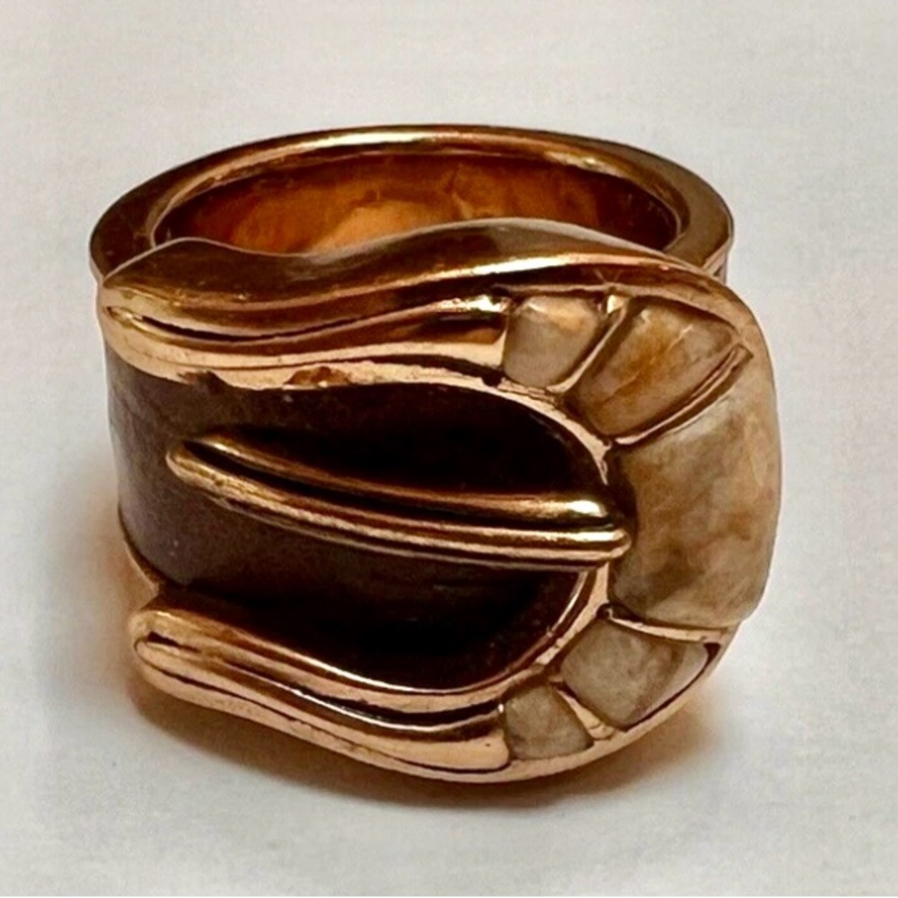 Barse Thai Brown Leather and Coral Belt Buckle Ring